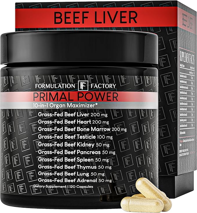 Formulation Factory Primal Power 10-in-1 Beef Organ Supplement - Grass Fed Beef Liver Capsules with Heart, Bone Marrow, Kidney, Testicle - Freeze Dried Organ - 120 Capsules, 2 Month Supply
