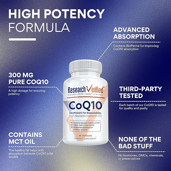 Research Verified CoQ10-100% Pure Extra Strength 300mg CoQ10 – Improved Absorption and Bioavailability with Bioperine - Boost Antioxidant Levels, Improve Cardiovascular Health, 180 Vegan Capsules