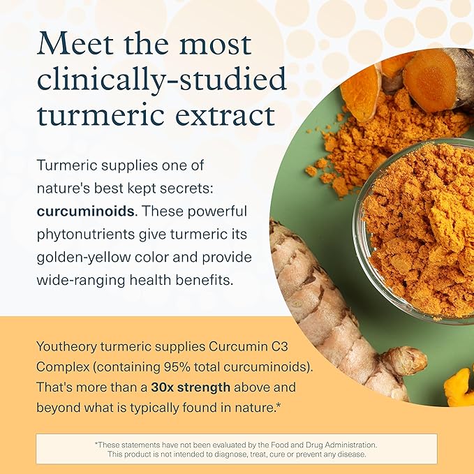 Youtheory Turmeric Extra Strength - 1,000 mg - Supports Muscle & Joint Health* - Contains Bioenhancers, Curcuminoids & Herbal Extracts - USP Verified - 180 Vegetarian Capsules (90-Day Supply)