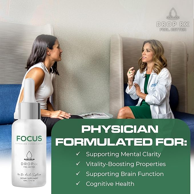 DropRx Focus, Liquid Drop Supplement for Memory, Brain Support, Clarity & Focus - Ginkgo Biloba and Ginseng Organic Herbal Blend - Made in USA by Dr. Nicole Saphier (2fl.oz)