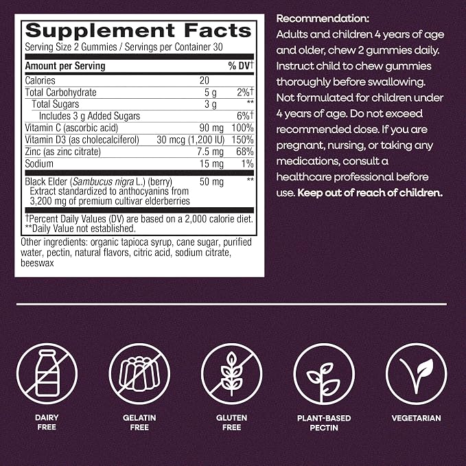 Nature's Way Sambucus Elderberry Gummies, Immune Support Gummy for Adults & Kids Ages 4+ with Black Elderberry Extract, Vitamin C, Vitamin D3, and Zinc*, 60 Gummies (Set of 3)