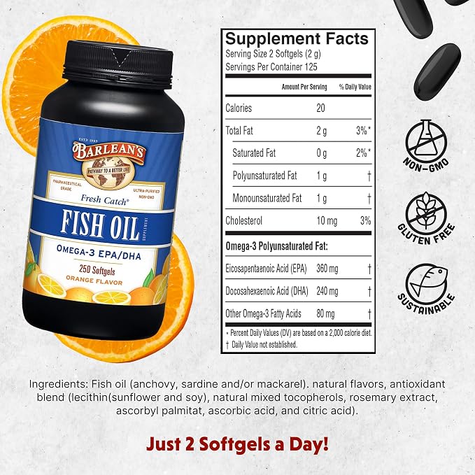 Barlean's Omega 3 Fish Oil Supplements, 600mg Fish Oil Pills with EPA & DHA, Softgels for Joint, Brain, & Heart Health, Orange Flavored, 250 Count