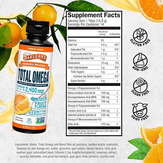 Barlean's Total Omega 3 6 9 Orange Crème Liquid Fish Oil Supplement with Borage and Flaxseed Oil, 2,400 mg of Omegas EPA and DHA Plus GLA for Joint and Heart Health, 8 oz