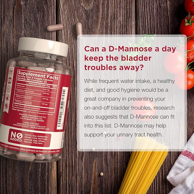 Natural D-Mannose Capsules 4-in-1 Formula - 120 CAPS, 1500 MG Cranberry, Dandelion, Hibiscus Flower Extract, Pills for Supporting Bladder and Urinary Tract Health