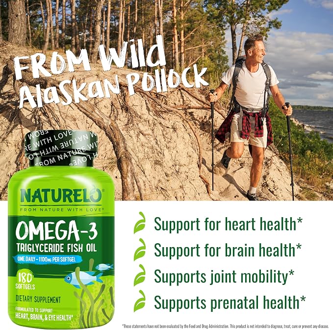 NATURELO Burpless Omega 3 Fish Oil Supplement - 1100mg Triglyceride Omega-3, EPA + DHA, for Heart, Eye, Brain, Joint Health - 180 Softgels, 6 Months Supply