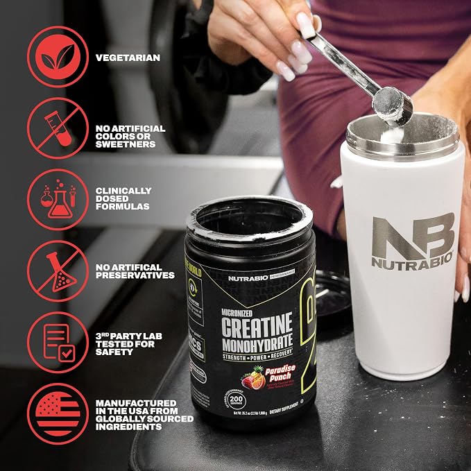 NutraBio Pure Micronized Creatine Monohydrate Powder Supplement,Paradise Punch,(300g)-Supports Bulk Muscle Energy, Recovery, and Strength-HPLC Tested Creatine Powder Supplement for Men and Women