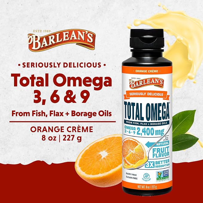 Barlean's Total Omega 3 6 9 Orange Crème Liquid Fish Oil Supplement with Borage and Flaxseed Oil, 2,400 mg of Omegas EPA and DHA Plus GLA for Joint and Heart Health, 8 oz