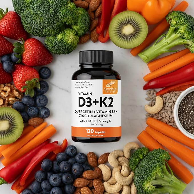 Sandhu's Vitamin D3 K2 Magnesium 2000 IU, 50mcg K2 Capsules 120 Count (Pack of 1) | with VIT B6, Zinc & Quercetin | D3K2 Supports Superior Absorption, Energy, Immune, Muscle Health for Men & Women