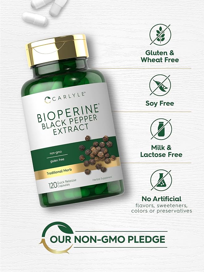 Carlyle Bioperine 10mg | 120 Capsules | Non-GMO & Gluten Free | Sourced from Black Pepper Extract | Supports Curcumin Powder Absorption