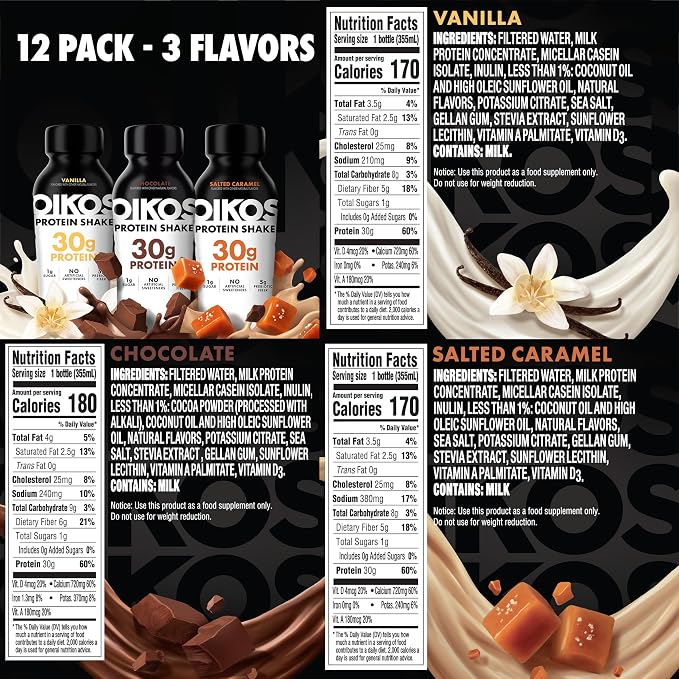 Oikos Protein Shake, Exclusive Variety Pack, 30g High Protein Drinks, Shelf Stable, Ready to Drink, 5g Prebiotic Fiber, 12 fl oz Bottle (4 ct Chocolate, 4 ct Vanilla, 4 ct Salted Caramel)
