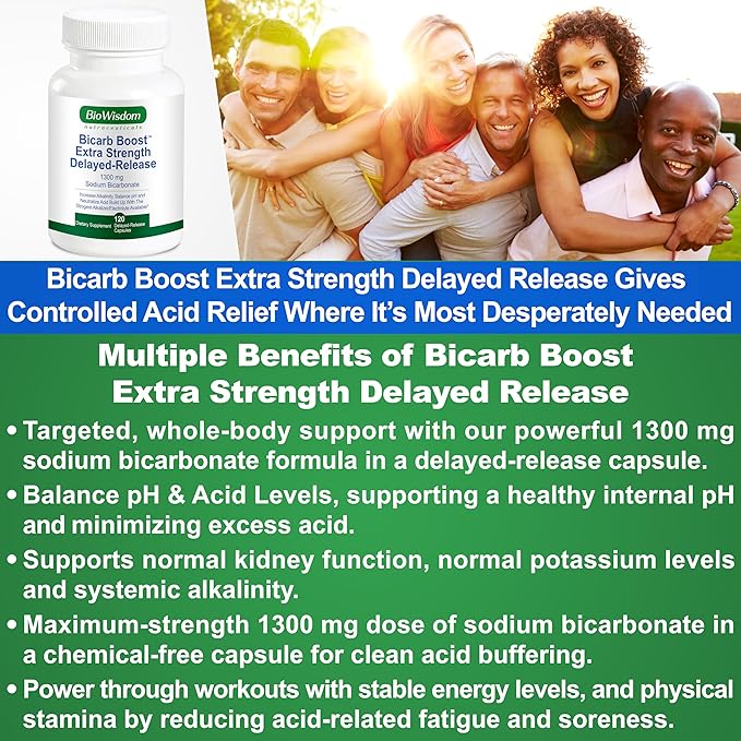Bicarb Boost Sodium Bicarbonate Capsules Extra Strength 1300mg Organic Use Delayed-Release Sodium Bicarbonate Tablet, Kidney, Alkalinity, Health, Pure Baking Soda Tablet 120 Sodium Pills