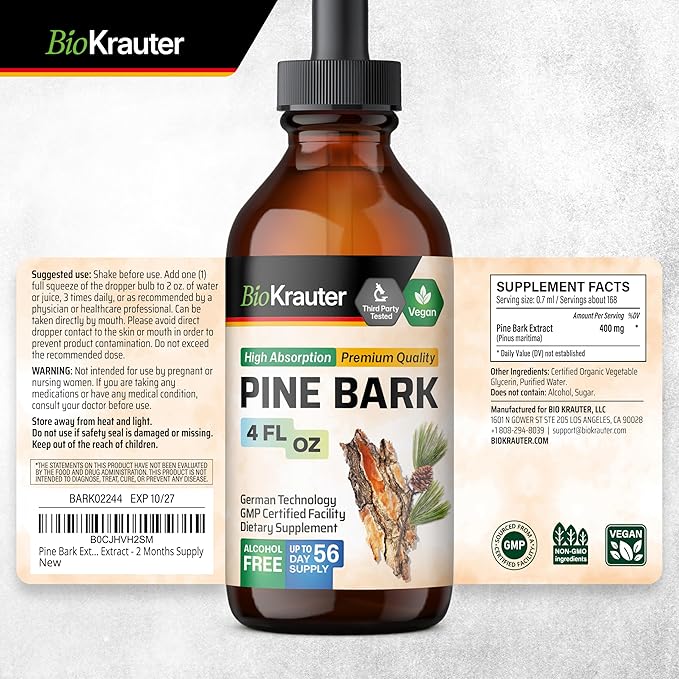 BIO KRAUTER® Pine Bark Extract for Circulatory & Antioxidant Support - Vegan French Maritime Pine Bark Herbal Supplements - Natural Antioxidants & Skin Support - 400 mg per Serving, 4 Fl. Oz.
