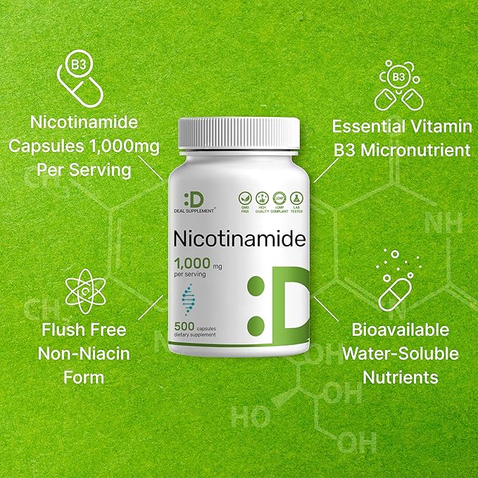 Vitamin B3 Nicotinamide 1,000mg Per Serving – 500 Capsules, Flush Free Niacin, Essential B3 – Supports Healthy Skin & Energy Production – Non-GMO